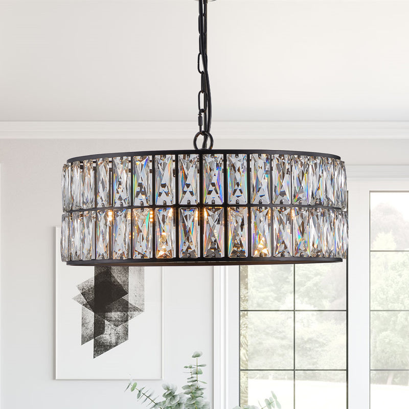 Black Crystal Chandelier – 18" Round Pendant Light for Dining Room | Free US Shipping
