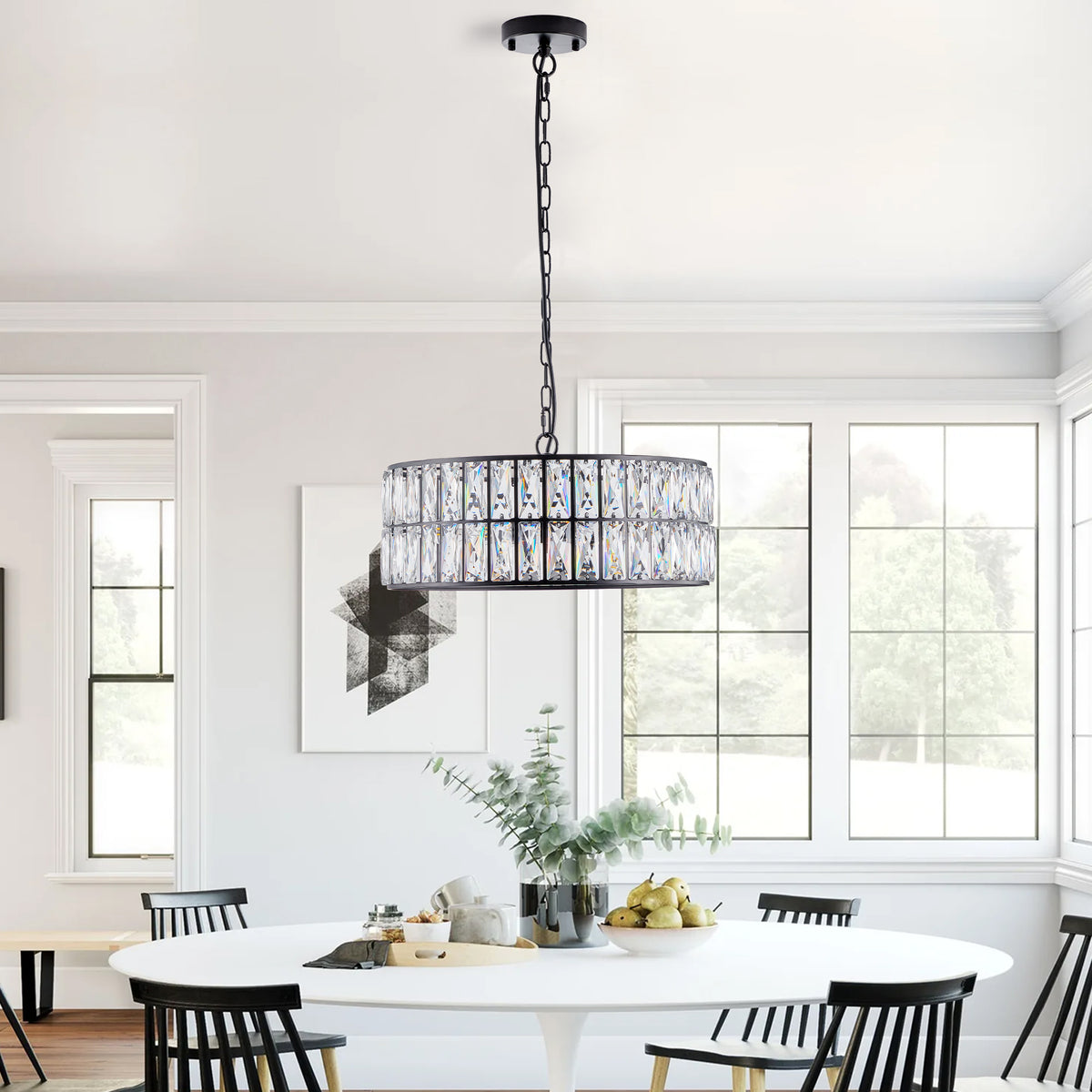 Black crystal chandelier semi-flush mount in hallway