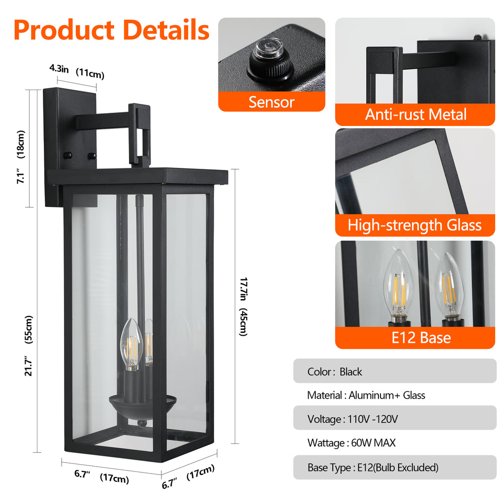 Matte Black Outdoor Wall Lanterns – Set of 2 | 22" Dusk-to-Dawn Sensor | Free US Shipping