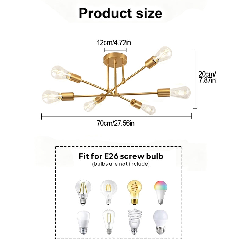 6-light gold ceiling fixture with adjustable arms detail