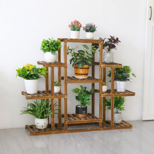 9-tier pine plant stand with plants indoors on white background