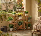9-tier pine wood plant stand on outdoor terrace with plants