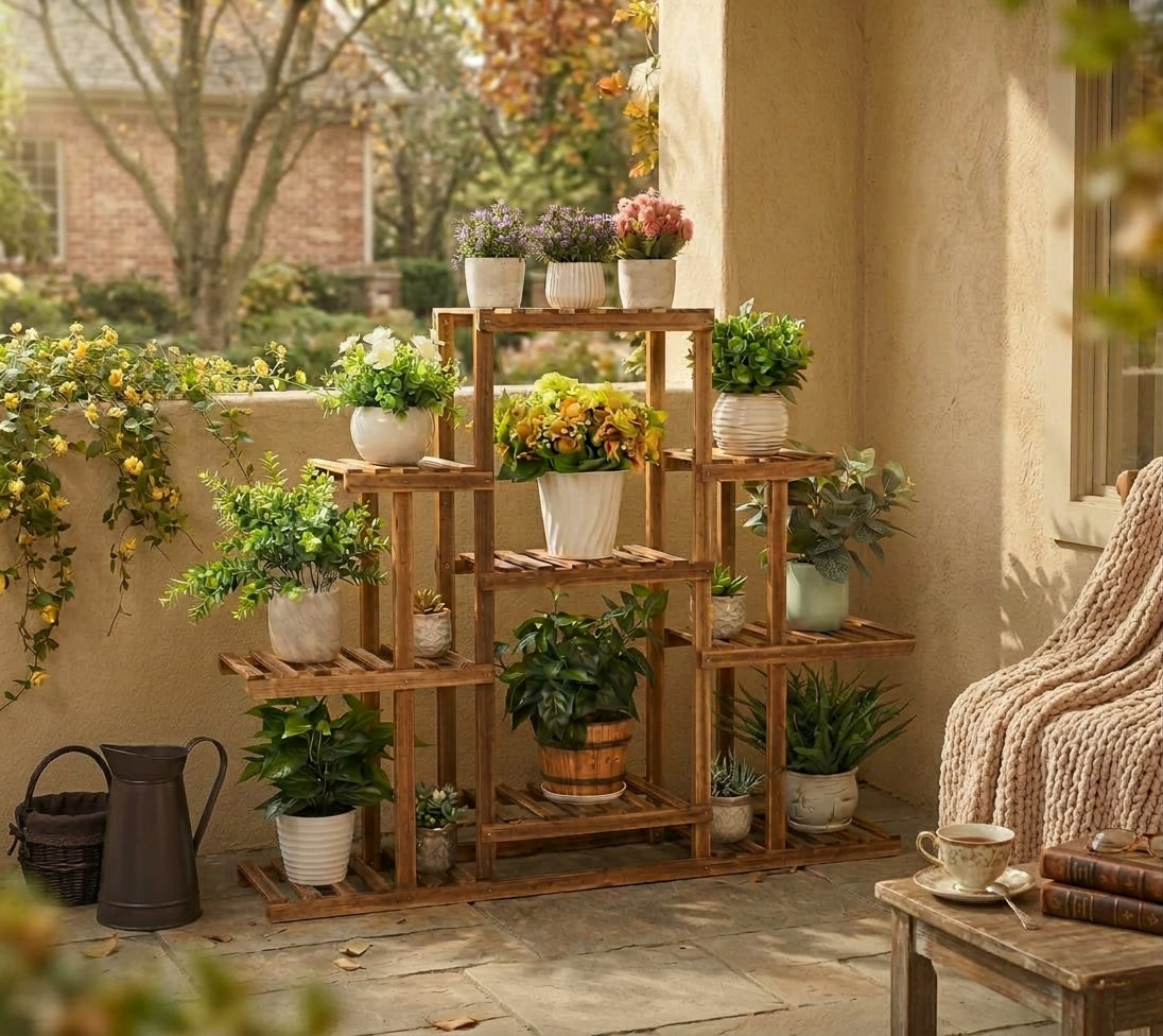 9-tier pine wood plant stand on outdoor terrace with plants