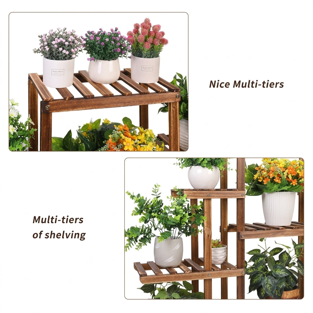Multi-tier shelving close-up with small potted flowers